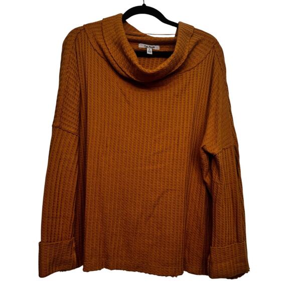 Free People Waffle Knit Cowl Neck Tunic Top Small Rust Orange Boho Layered Hem - Picture 1 of 6